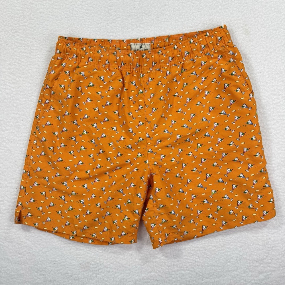 Southern Pines‎ Swim Trunks Mens Medium Orange Martini Print Liner Summer Beach